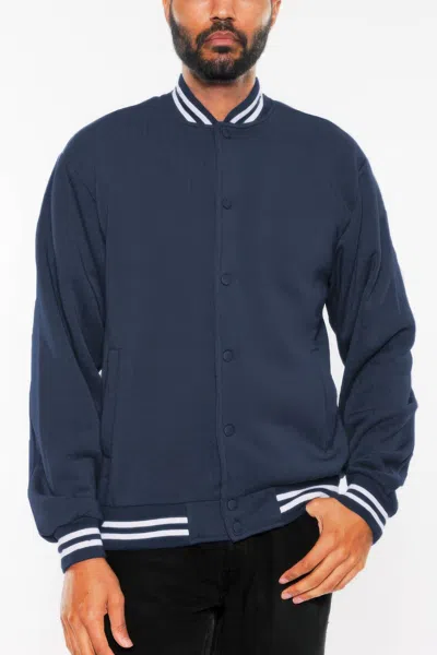 Truedames Mens Fleece Snap Button Varsity Jacket In Blue