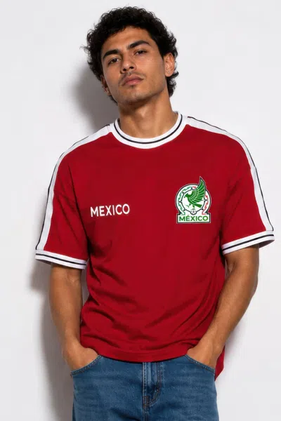 Truedames Mens Mexico Print Short Sleeve Striped Tape Tshirt In Red