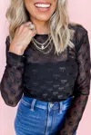 Truedames Mesh Bow Pattern Long Sleeve Top In Black