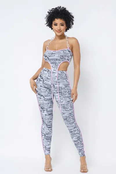 Truedames Mesh Print Crop Top With Plastic Chain Halter Neck With Matching Leggings In White