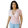 Truedames Mesh Ruched Cut-out Detail Short Sleeve Top In Pink