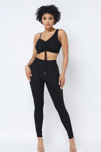 Truedames Mesh Strappy Adjustable Ruched Crop Top With Matching See Through Side Panel Leggings In Black