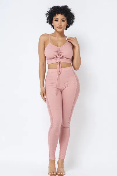 Truedames Mesh Strappy Adjustable Ruched Crop Top With Matching See Through Side Panel Leggings In Multi