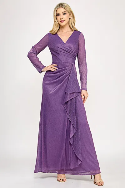 Truedames Metallic Crinkle Mesh A-line Gown With Draped Waist And Sheer Long Sleeves In Purple