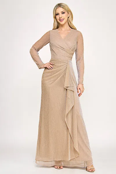 Truedames Metallic Crinkle Mesh A-line Gown With Draped Waist And Sheer Long Sleeves In White