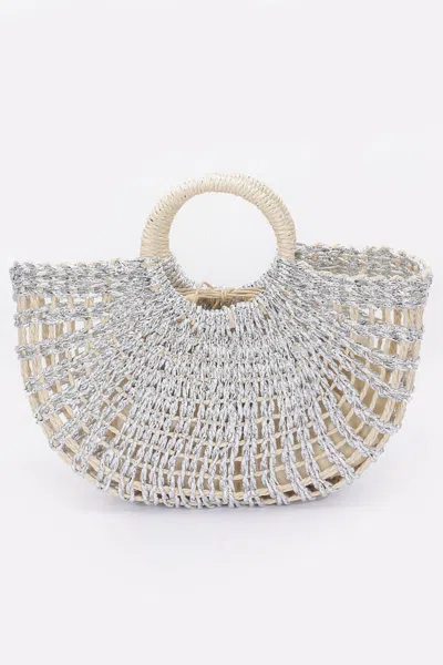 Truedames Metallic Faux Straw Tote Bag W Pouch In Silver