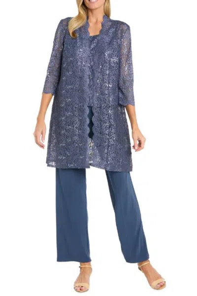 Truedames Metallic Lace Tank Top And Pant Set With Sheer Lace Jacket In Blue