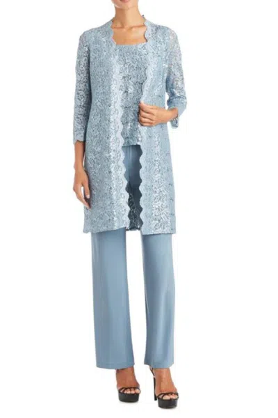 Truedames Metallic Lace Tank Top And Pant Set With Sheer Lace Jacket In Gray