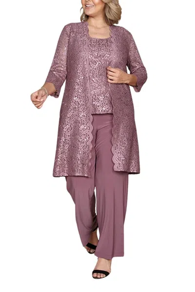 Truedames Metallic Lace Tank Top And Pant Set With Sheer Lace Jacket In Multi