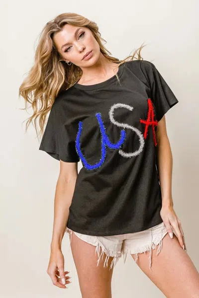 Truedames Metallic Letter Short Dolman Sleeve Top In Black