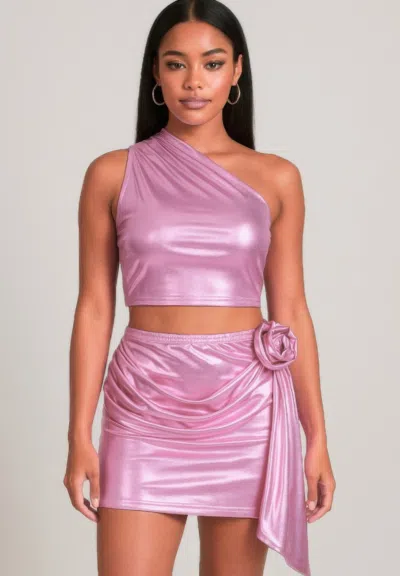 Truedames Metallic One Shoulder Crop Top Set In Pink