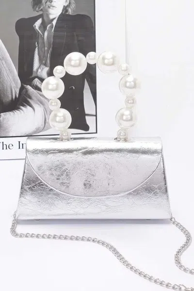 Truedames Metallic Pearl Handle Flap Bag In Silver