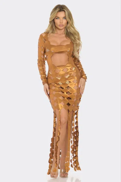Truedames Metallic Sexy Cut Out Maxi Dress In Brown