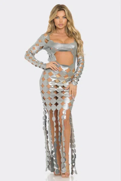 Truedames Metallic Sexy Cut Out Maxi Dress In Silver