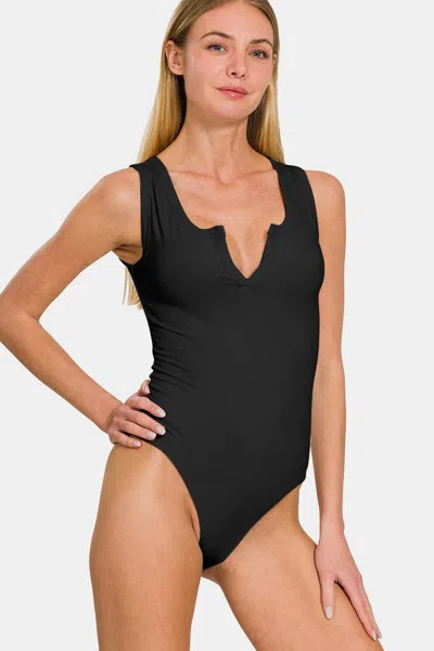 Truedames Microfiber Notched Sleeveless Bodysuit In Black