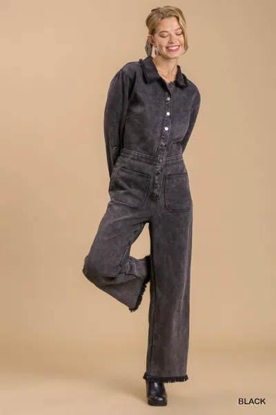Truedames Mid Button Down Stone Wash Wide Leg Distressed Jumpsuit & Side Pockets With No Lining In Black