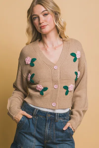 Truedames Mid Cropped Flower Cardigan In Green