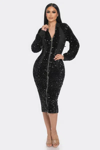 Truedames Midi 2 Way Zip Up Sequin Contrast Dress In Black
