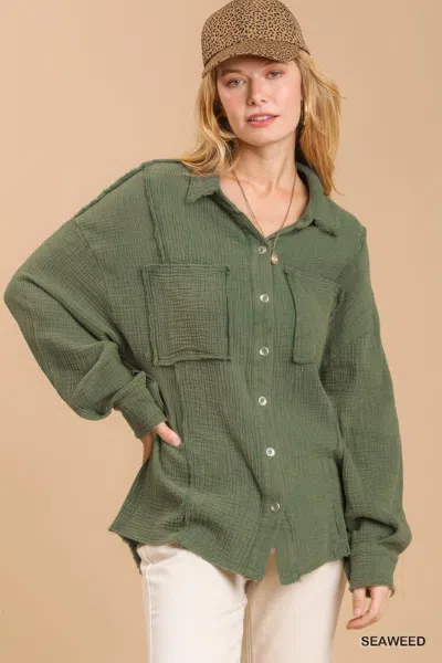 Truedames Mineral Wash Button Down Top With High Low Hem In Green