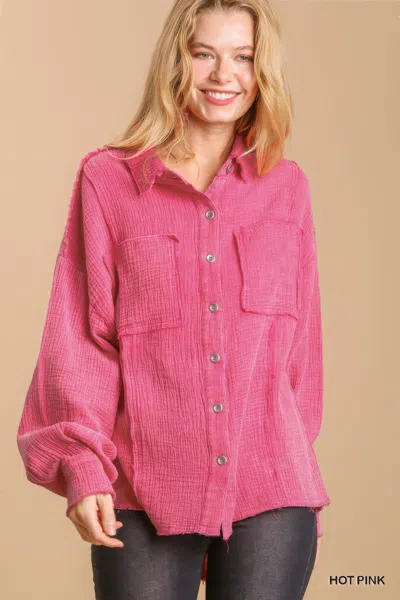 Truedames Mineral Wash Button Down Top With High Low Hem In Pink