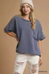 Truedames Mineral Wash Round Neck Top In Blue