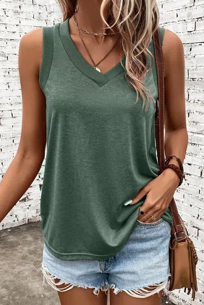 Truedames Mist Green Ribbed V Neck Tank