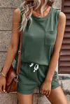 Truedames Mist Green Waffle Knit Patched Pocket Tank And Drawstring Shorts Set In Multi