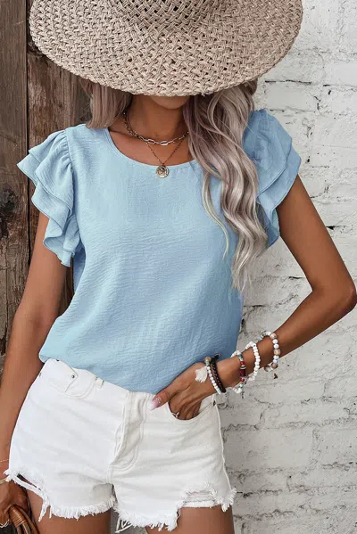 Truedames Mist Solid Color Ruffled Short Sleeve Casual Blouse In Blue