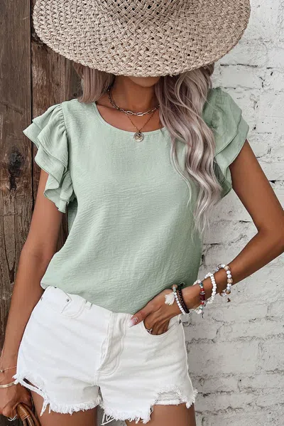 Truedames Mist Solid Color Ruffled Short Sleeve Casual Blouse In Green
