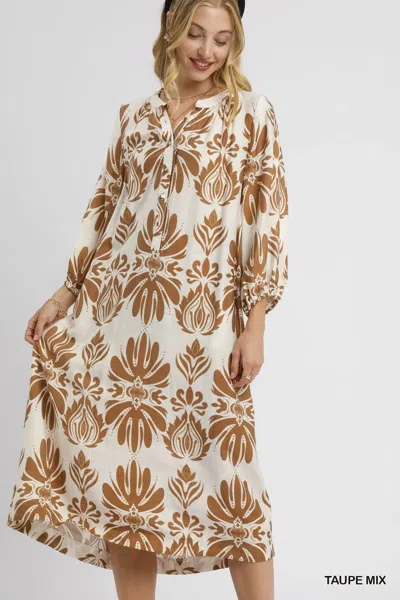 Truedames Mix Abstract Floral Print Midi Dress In Brown