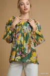 Truedames Mix Abstract Print Balloon Sleeve Blouse In Green