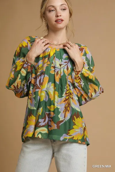 Truedames Mix Abstract Print Balloon Sleeve Blouse In Green