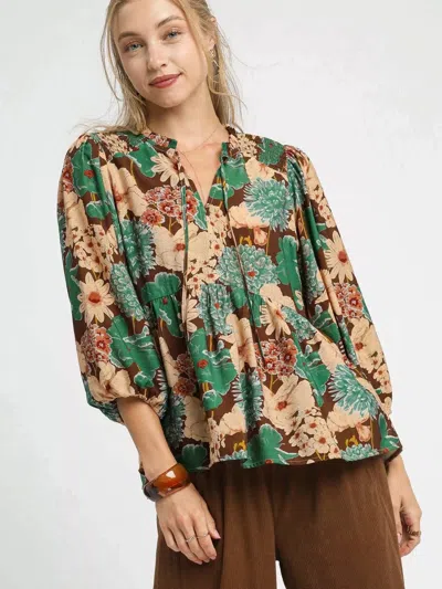 Truedames Mix Floral Peplum Blouse With Tie Neck In Brown