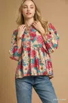 Truedames Mix Floral Peplum Blouse With Tie Neck In Multi