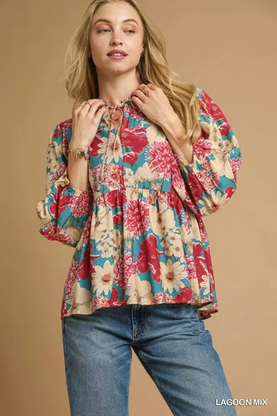 Truedames Mix Floral Peplum Blouse With Tie Neck In Multi