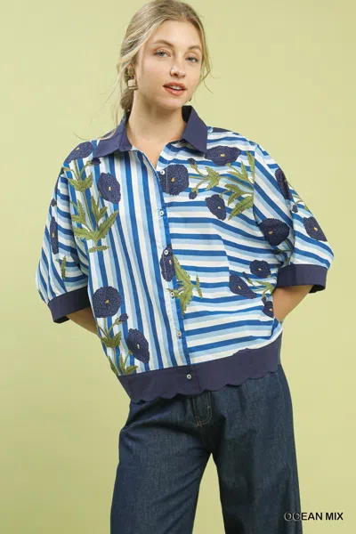 Truedames Mix Floral Stripe Button Down Top In Multi