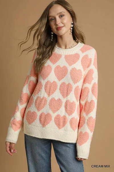 Truedames Mix Heart Pattern Pearl Accent Sweater In Multi