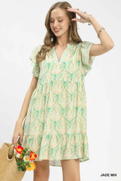 Truedames Mix Printed Flutter Sleeve Dress In Green