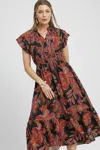 Truedames Mix Ruffle Sleeve Tropical Midi Dress In Black