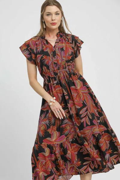 Truedames Mix Ruffle Sleeve Tropical Midi Dress In Multi