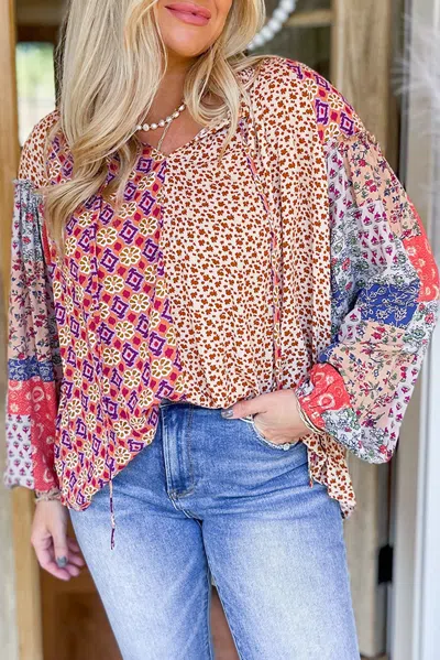 Truedames Mixed Floral Printed Long Sleeve Tied V Neck Blouse In Multi