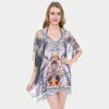 Truedames Mixed Print Rhinestone Studded Topper Cover Up Poncho In Blue