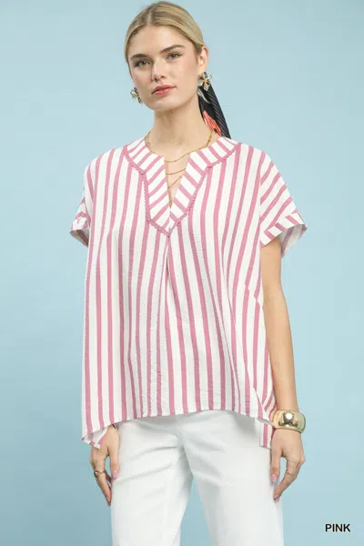 Truedames Mixed Stripe Split Neck Oversized Blouse In Multi