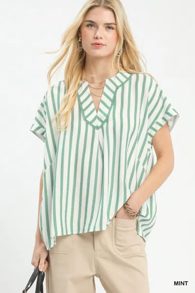 Truedames Mixed Stripe Split Neck Oversized Blouse In Yellow