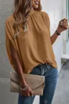 Truedames Mock Neck Batwing Sleeve Solid Loose Blouse In Brown