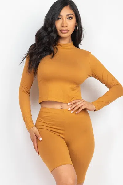 Truedames Mock Neck Top & Biker Shorts Set In Yellow