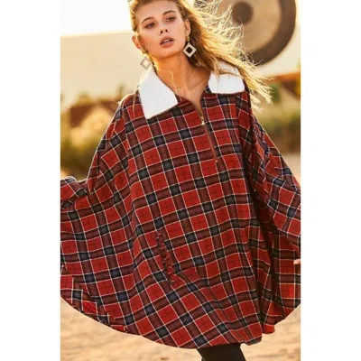 Truedames Mock Neck With Zipper Contrast Inside Front Pocket Plaid Poncho In Red