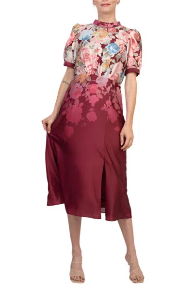 Truedames Mock Neckline Short Puff Sleeves Floral Satin Midi Dress In Multi