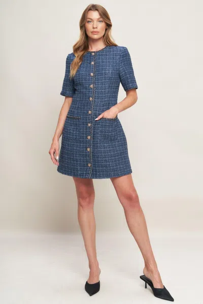 Truedames Modern Iconic Tweed Mini Dress In Blue