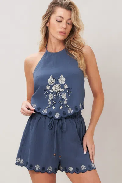 Truedames Moonlit Flora Woven Scarf Top And Short Set In Blue
